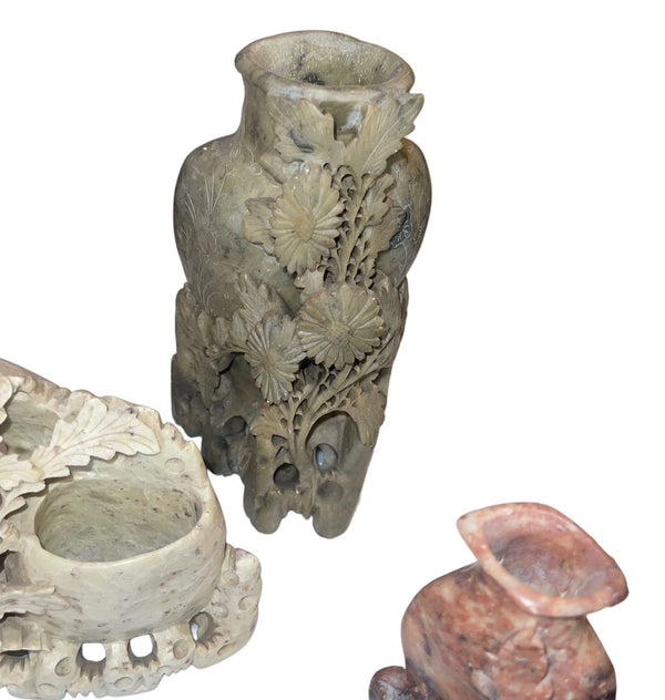Eight Vintage Chinese Soapstone Carved Brush Pots & Vessels. Early 20th Century.