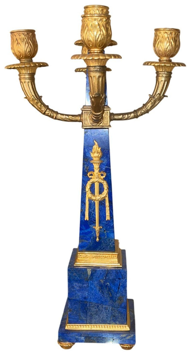 Pair of Early 20th-Century French Lapis Lazuli & Gilt Bronze Obelisk Candelabras