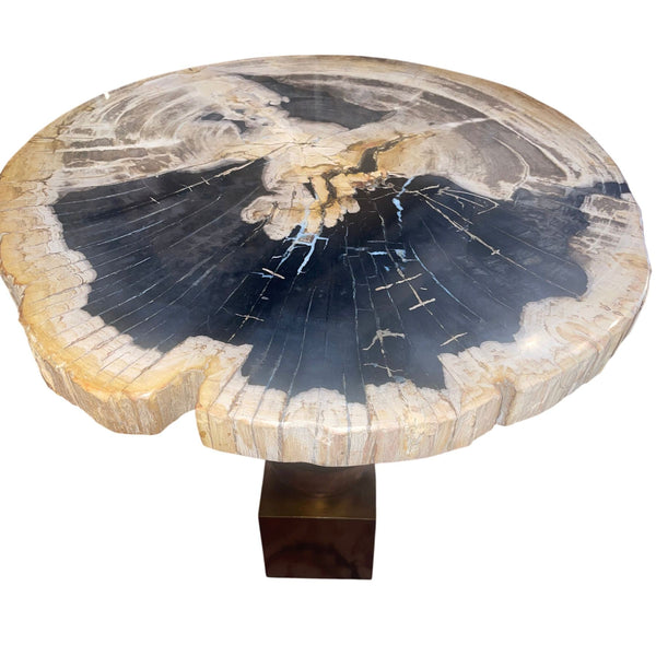 Pair Modern Petrified Wood Side Tables w/ Sculptural Metal Bases. Late 20th C.