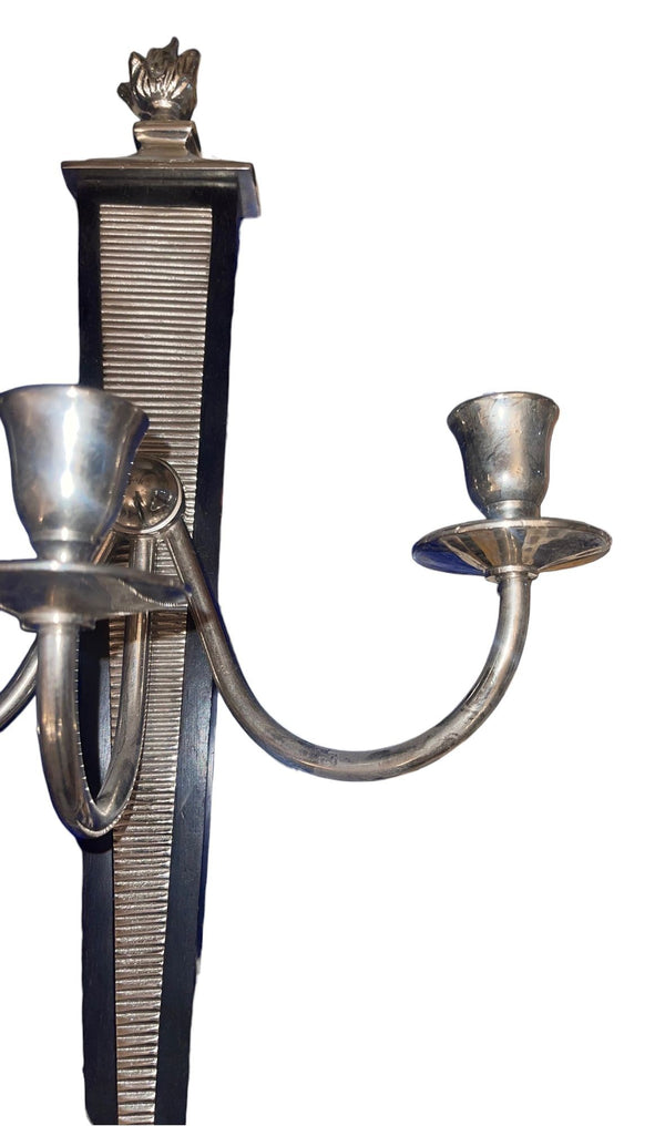 Pair of Mid-Century American Nickel & Wood Three-Light Sconces