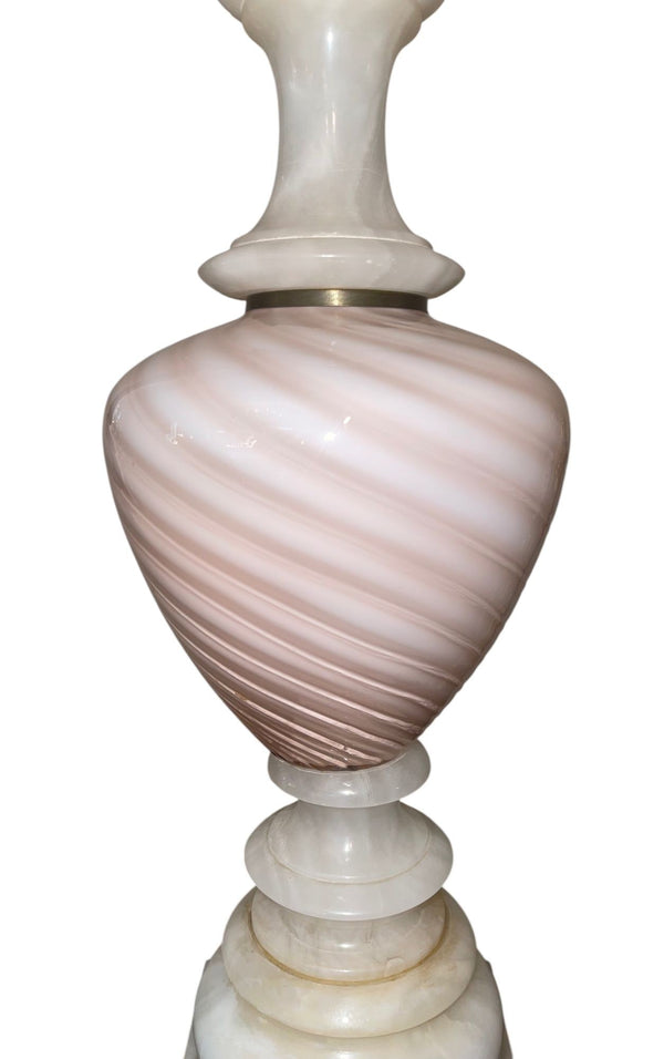 Pair of Italian Pink Murano Glass & Alabaster Lamps. Mid-20th Century.