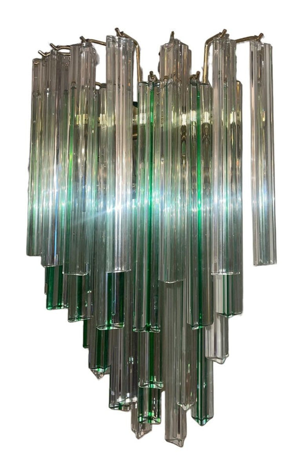 Pair Italian Venini Murano Crystal Tri Glass Prism Wall Sconces w/ Green Detail