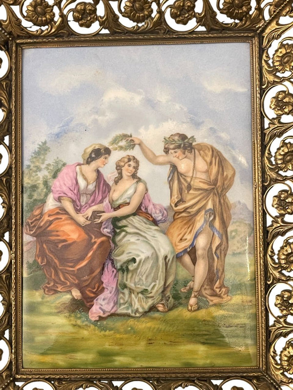 Pair French Limoges Porcelain Plaques in Ornate Gilt Metal Frames. Early 20th C.