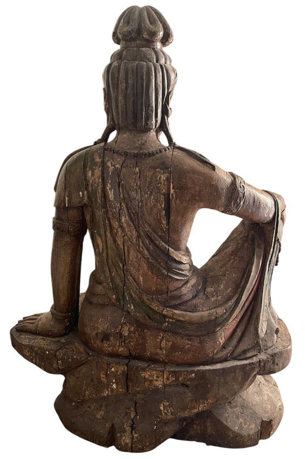 Monumental Chinese Song Dynasty Style Carved Wood & Polychrome Guanyin. 19th C.