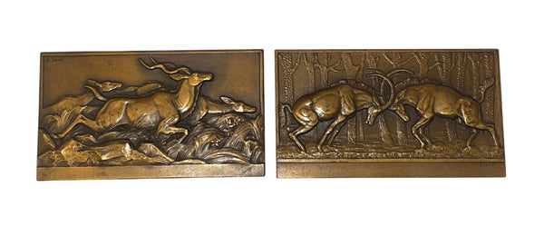 Pair of French Art Deco Bronze Antelope Plaques on Stands by Thenot, c.1930's.