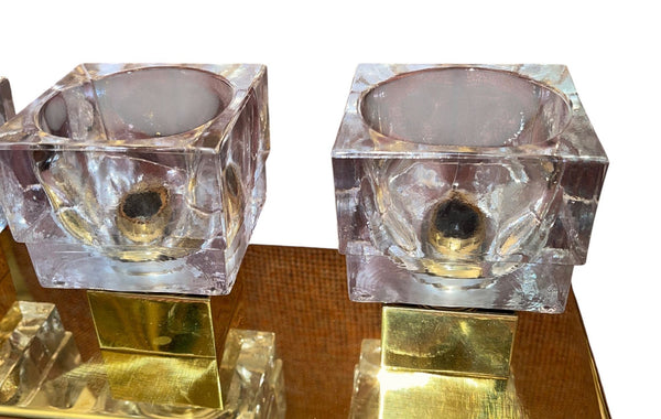 Set of Six Italian Sciolari Murano Glass Cubes & Brass Sconces, 1960's.