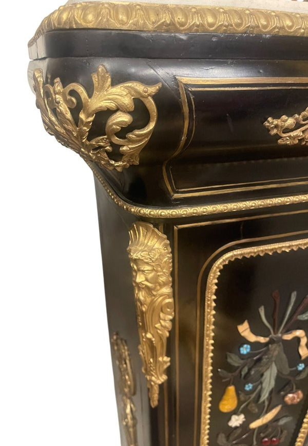 Similar Pair 19th C. Napoleon III Ebonized Pedestals with Hardstone & Bronze.