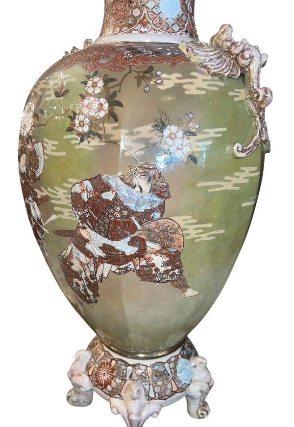 Large Antique Japanese Satsuma Earthenware Floor Vase Meiji Style, Early 20th C.