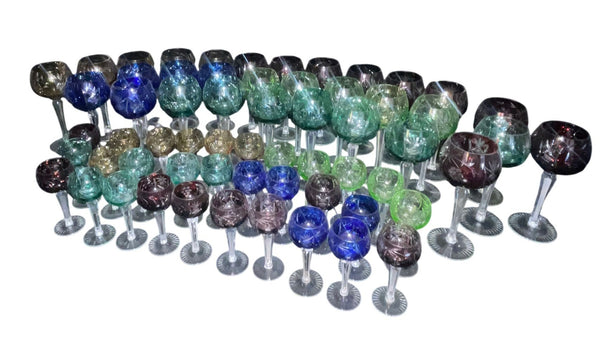 Set of Sixty Cut Crystal Colored Wine & Cordial Glasses. Czech Republic Mid-20th