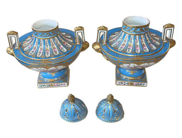 Pair of Sèvres Style Celestial Blue Porcelain Urns. Early 20th Century, France.