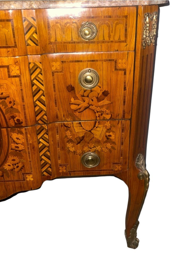 19th Century French Louis XV Style Inlaid Commode with Bronze & Marble Top.