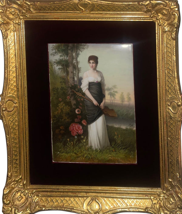 19th Century Pair Italian Porcelain Plaques on Gilt Frames with Red Velvet Mats