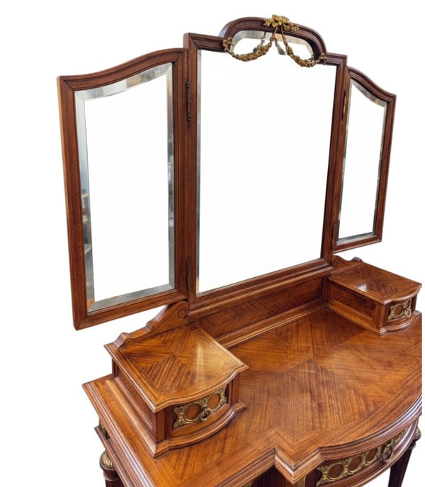 Early 20th Century French Louis XVI Style Triple Mirror Vanity w/ Bronze Mounts.