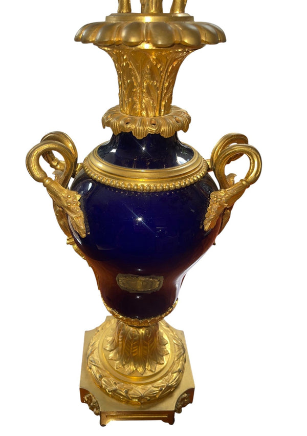 Pair of French Bronze & Deep Cobalt Porcelain Candelabras. 19th Century.