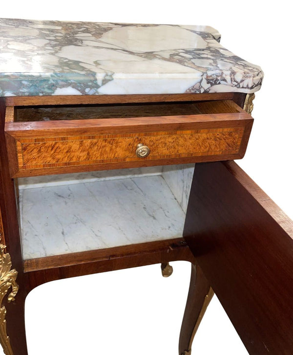 Pair French Bronze-Mounted Marble-Top Nightstands Louis XV Style, Late 19th C.