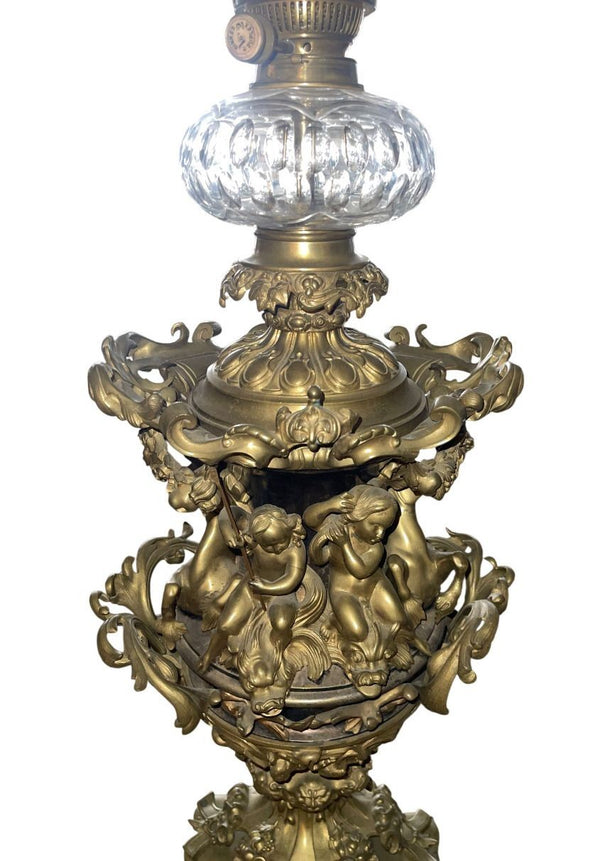 Large Italian Bronze Oil Lamp Electrified Cut Glass Cherub Base