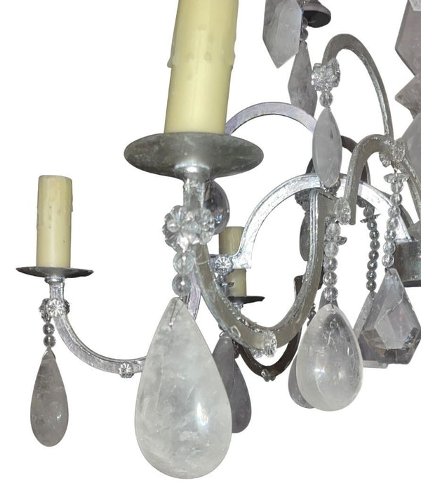 Italian 20th Century Silver Leaf Wrought Iron Chandelier with Rock Crystal