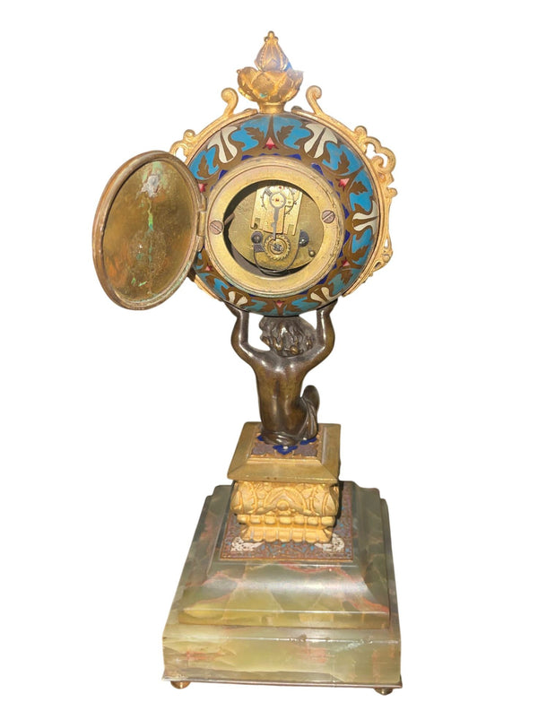 19th Century French Champlevé Enamel Figural Mantel Clock