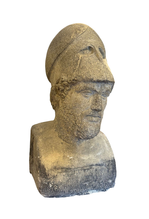 Carved Stone Bust of Pericles with Corinthian Helmet. Italy, 20th Century.