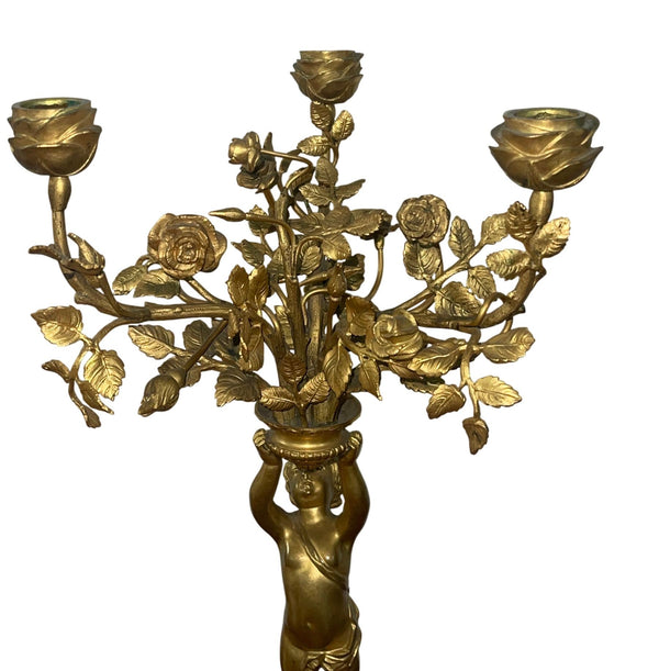 Pair of 19th Century Gilt Bronze Figural Putti Candelabras on Marble Base