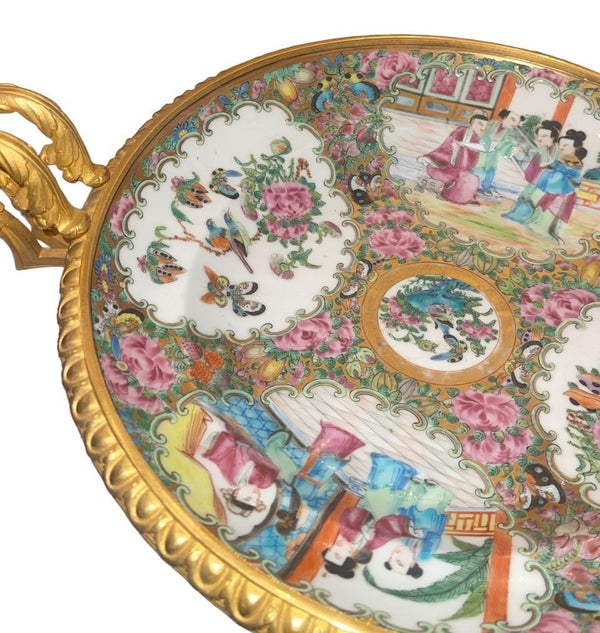 Late 19th C. French Gilt Bronze Mounted Chinese Famille Rose Centerpiece Tazza