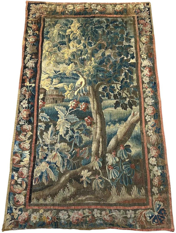 18th Century Franco-Flemish Verdure Tapestry with Bird in Flowering Landscape