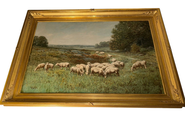 G. A. Hays American Sheep Pasture Landscape Oil Painting, circa 1900.