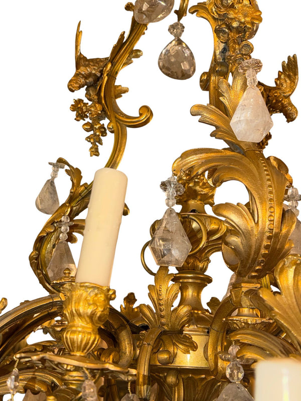 French 1880s Louis XVI 42-Light Dore Bronze & Rock Crystal Chandelier Signed B.R
