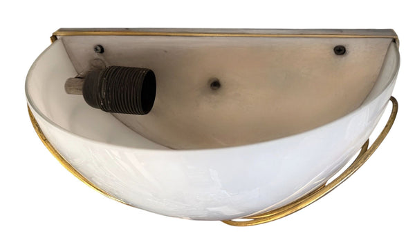 Pair of Italian Mid-Century Half-Moon Murano Opaline Glass & Brass Wall Sconces.