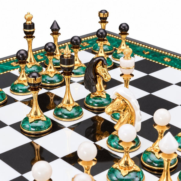 20th Century Russian Dolerite, Malachite & Kascholong Opal Chess Set.