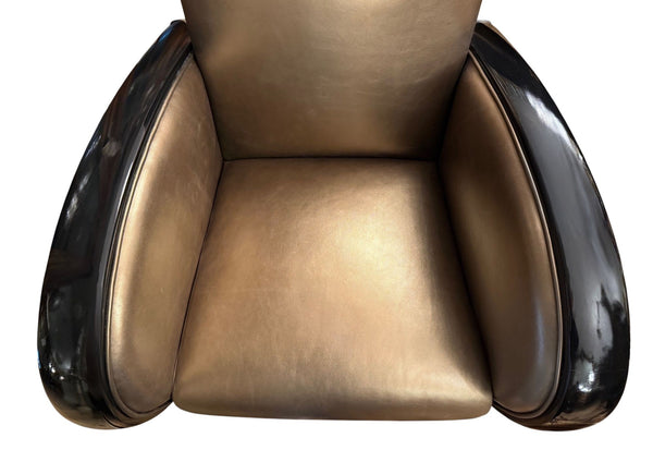 Pair of French Art Deco Gold and Black Leather Club Chairs