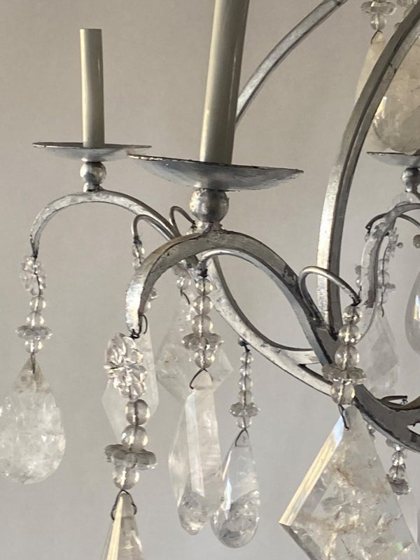 Large Silver Leaf Wrought Iron & Rock Crystal 6-Light Chandelier, 20th Century.