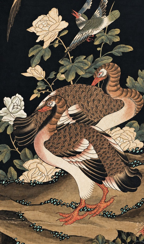 Oversized 19th C. Chinese Handpainted Hundred Birds Paying Homage to the Phoenix