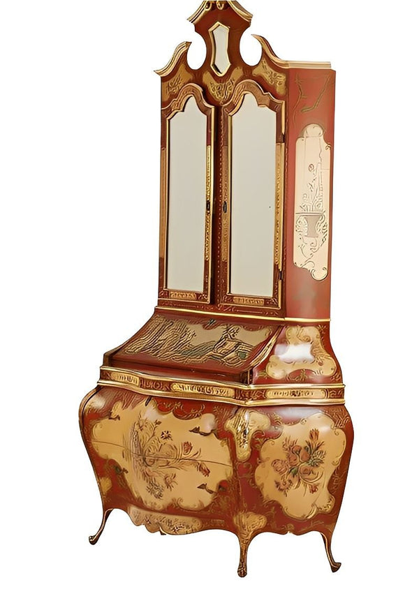 Italian Venetian Rococo-Style Painted Secretary Cabinet-Mirrored Doors, c. 1930s