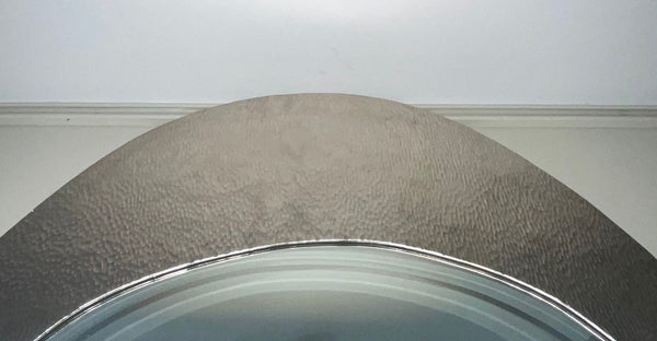 Pair of American Contemporary Hammered Metal Consoles with Mirrors & Marble Tops