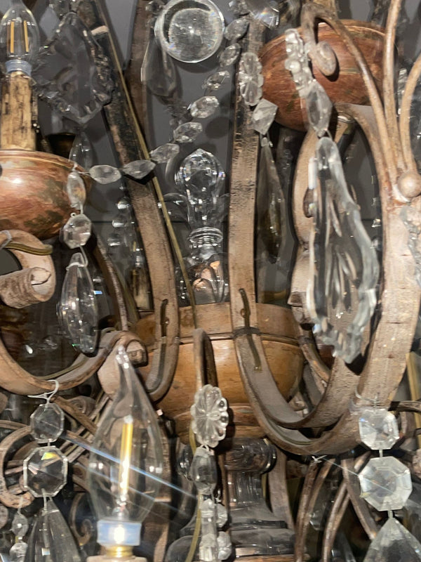 Monumental Venetian Wrought Iron, Wood & Crystal Chandelier Early 19th Century