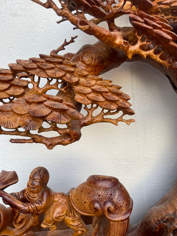 Large Hand-Carved Padauk Wood Hotei Buddha with Children and Bonsai Tree,1950's.