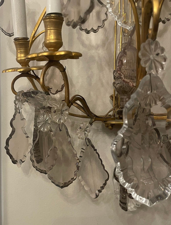 Pair of French Gilt Bronze and Crystal Wall Sconces, Late 19th Century.