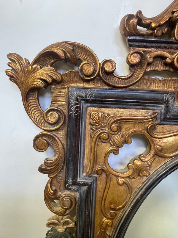 19th C. Carved Rococo-Style Black and Gold Mirror with Painted Hanging Garlands