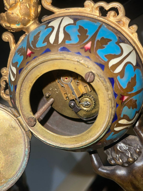 19th Century French Champlevé Enamel Figural Mantel Clock