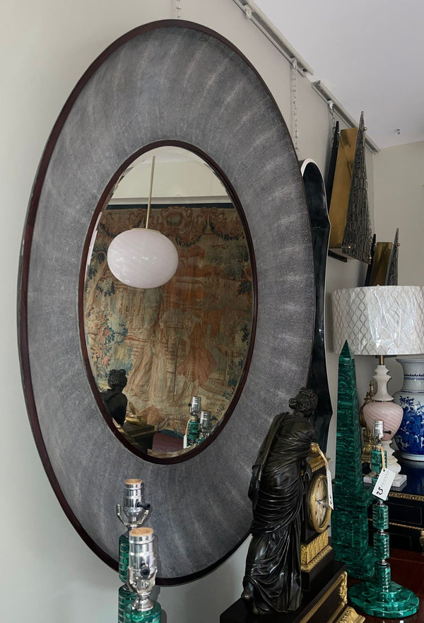 Italian Faux Shagreen & Walnut Concave Round Mirror, Late 20th Century.