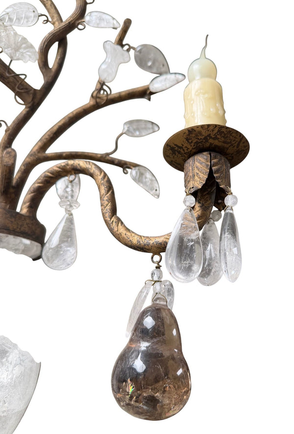 Pair French Baguès Style Rock Crystal, Smoky Quartz & Parrot Sconces, 1980's.