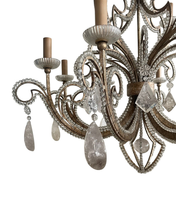 Pair of French Silver Leaf Wrought Iron Chandeliers w/ Rock Crystal–20th Century