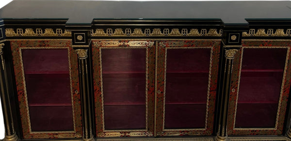 19th C. Napoleon III French Boulle Bronze Mounted Vitrine Cabinet w/ Glass Top