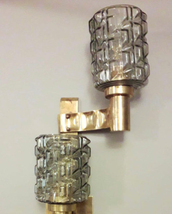 Set of Eight Triple Smoky Murano Glass Sconces. Italy, 1980's.