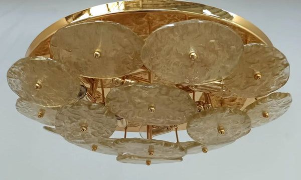 Italian "Galattico" Flush Mount with Gold Textured Murano Glass Discs, 1980's.