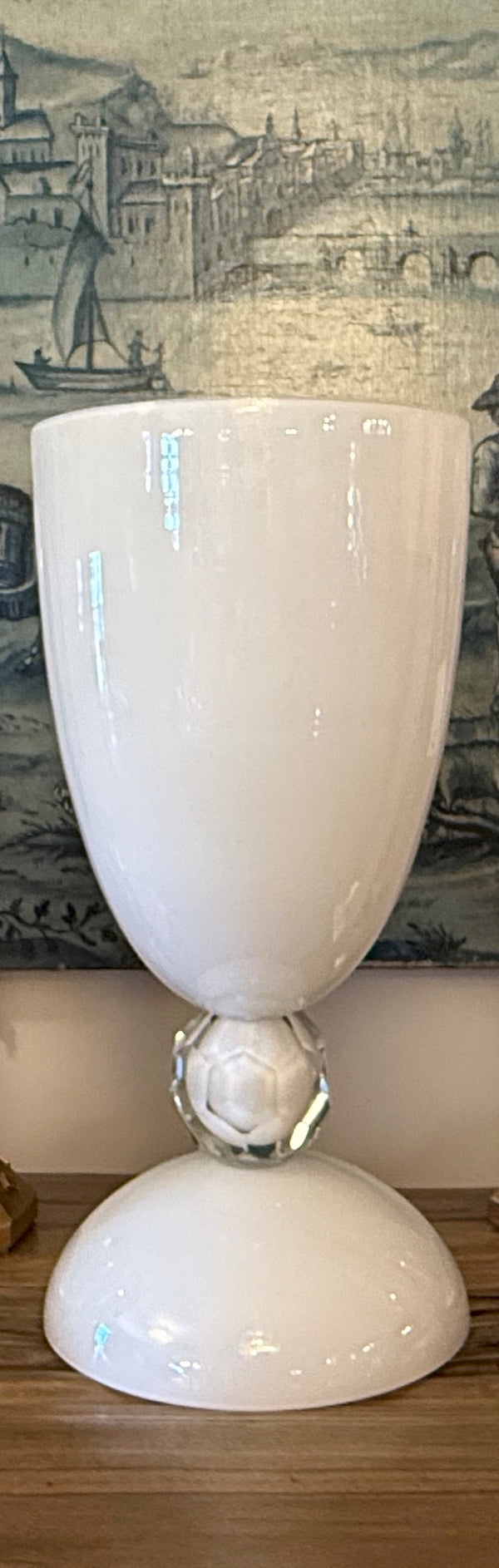 Large Murano White Glass Vase with Clear Faceted Knop, Italy, Circa 1970's.