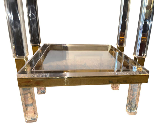 Pair of Charles Hollis Jones Lucite & Brass Two-Tier Side Tables, Late 20th C.