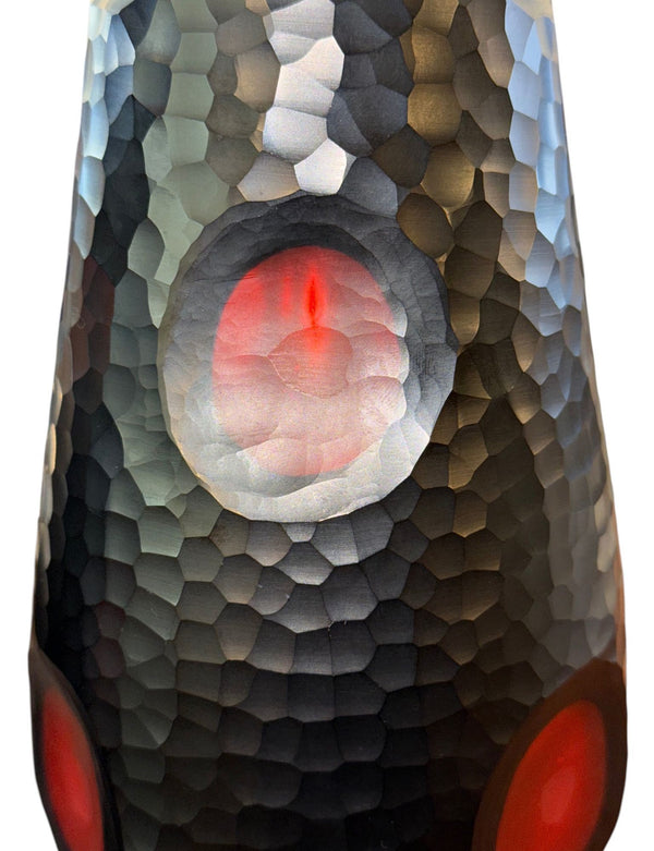 Pair Murano Battuto Glass Vases in Black & Vermillion. Italy, Late 20th Century.