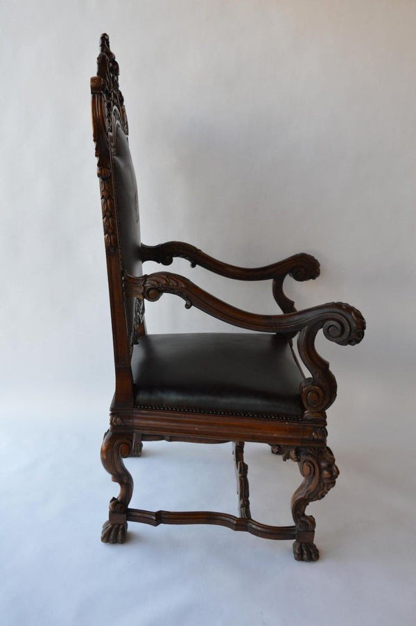 Mid-19th Century Italian Baroque Style Walnut & Leather Throne Chair